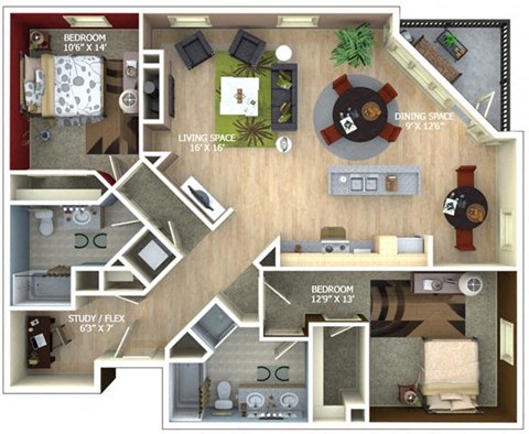 Floor plan for 2 beds, 2 baths, 1465 sqft